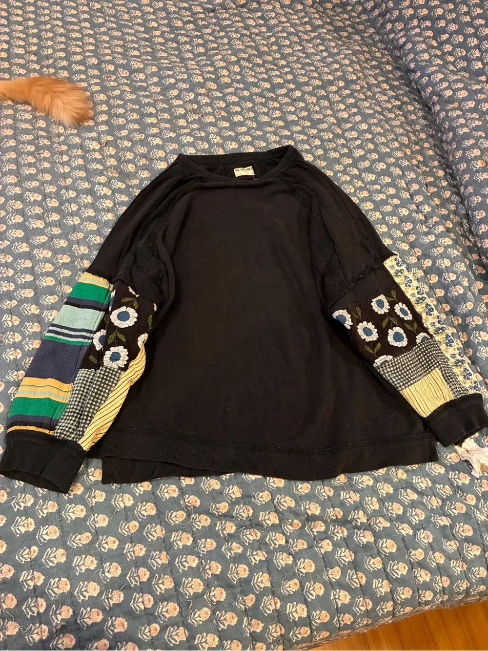 FREE PEOPLE We The Free Black Sweatshirt with Colorful Patchwork Sleeves sz M -